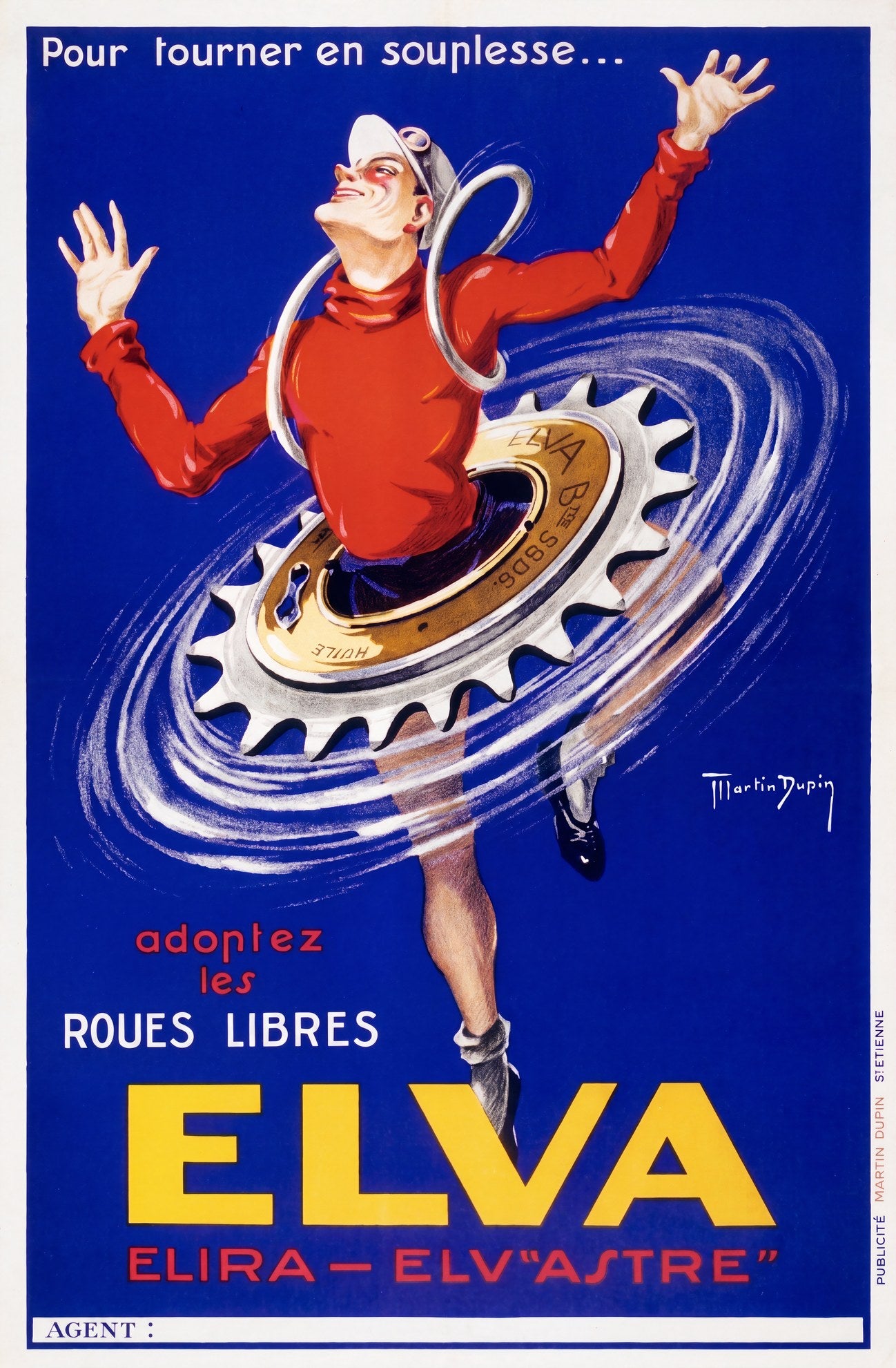 1930s French Art Deco cycling poster, pirouetting figure in red encircled by silver sprocket on cobalt blue, Martin Dupin | The Vintage Poster Archives