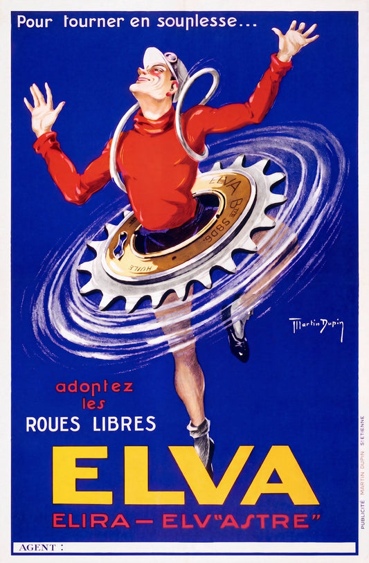 1930 Elva Roues Libres French cycling poster promoting freewheel components, Martin Dupin design