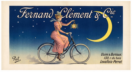 1894 French cycling poster showing woman in pink dress riding bicycle at night, lantern held forward, crescent moon, PAL | The Vintage Poster Archives
