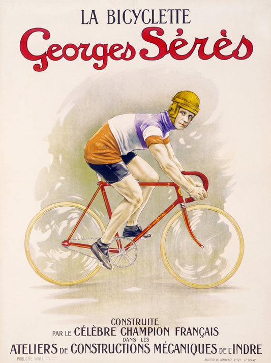 1920s French cycling poster, red-framed track bicycle, Georges Sérès in gold helmet, cream ground | The Vintage Poster Archives