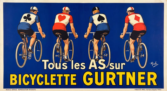 1918 Bicyclette Gurtner cycling poster, four racing cyclists with card-suit jerseys on cobalt blue, Mich | The Vintage Poster Archives