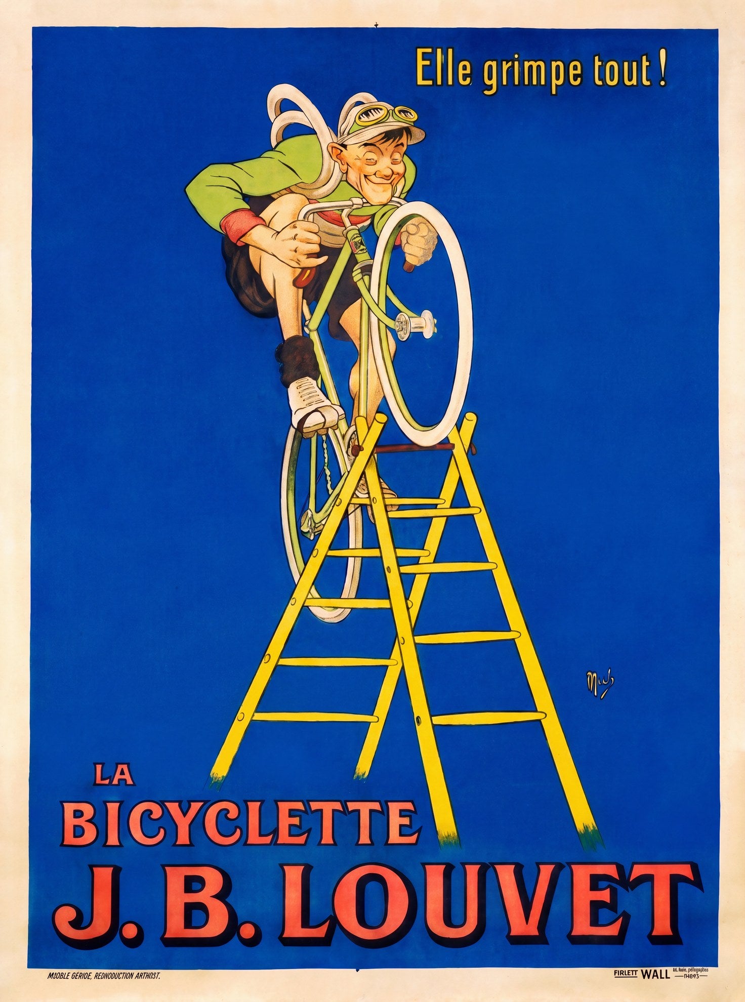 1922 J.B. Louvet bicycle poster, caricature cyclist on ladder, cobalt blue, Mich | The Vintage Poster Archives