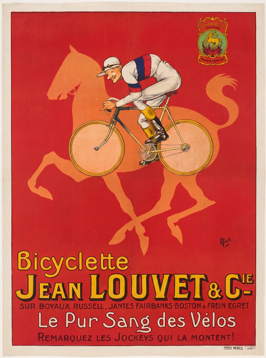 1920s French cycling poster: jockey on bicycle, orange horse silhouette, red ground. Jean Louvet & Cie, Mich | The Vintage Poster Archives