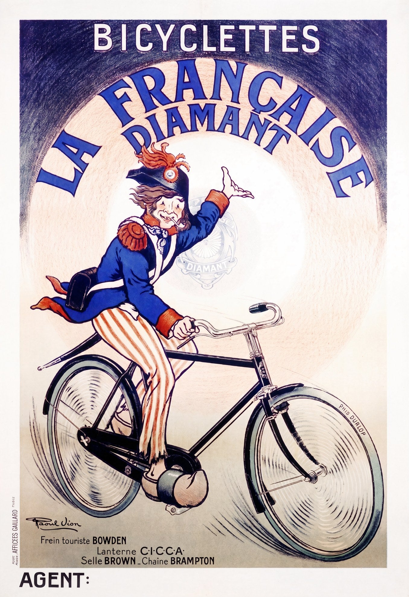 French cycling poster c.1910 showing Napoleonic figure on black bicycle, cobalt blue and cream, Raoul Vion | The Vintage Poster Archives
