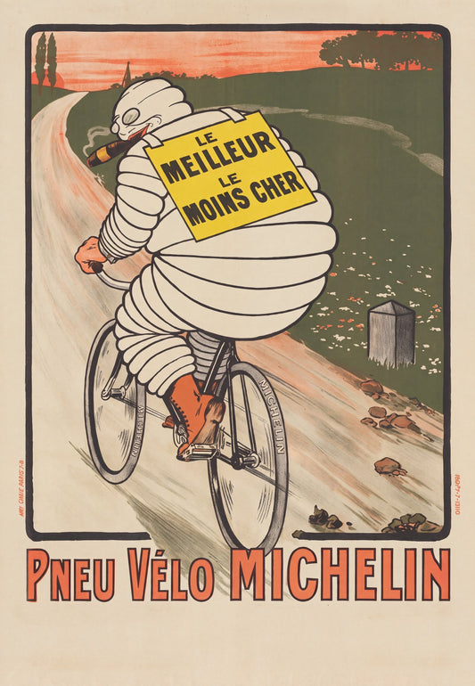 1912 Michelin Bibendum cycling poster, Bibendum on bicycle from behind, yellow sign, O'Galop | The Vintage Poster Archives