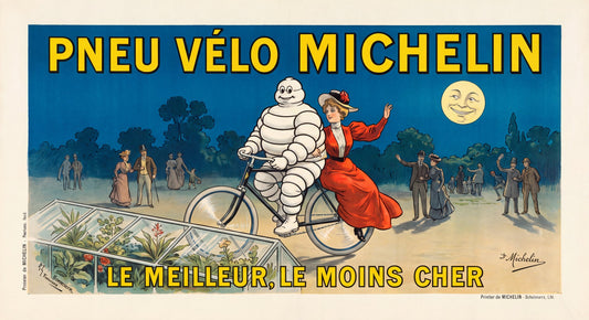 1900s Michelin Pneu Velo advertising poster, Bibendum cycling with Edwardian woman, cobalt blue night sky, O'Galop | The Vintage Poster Archives