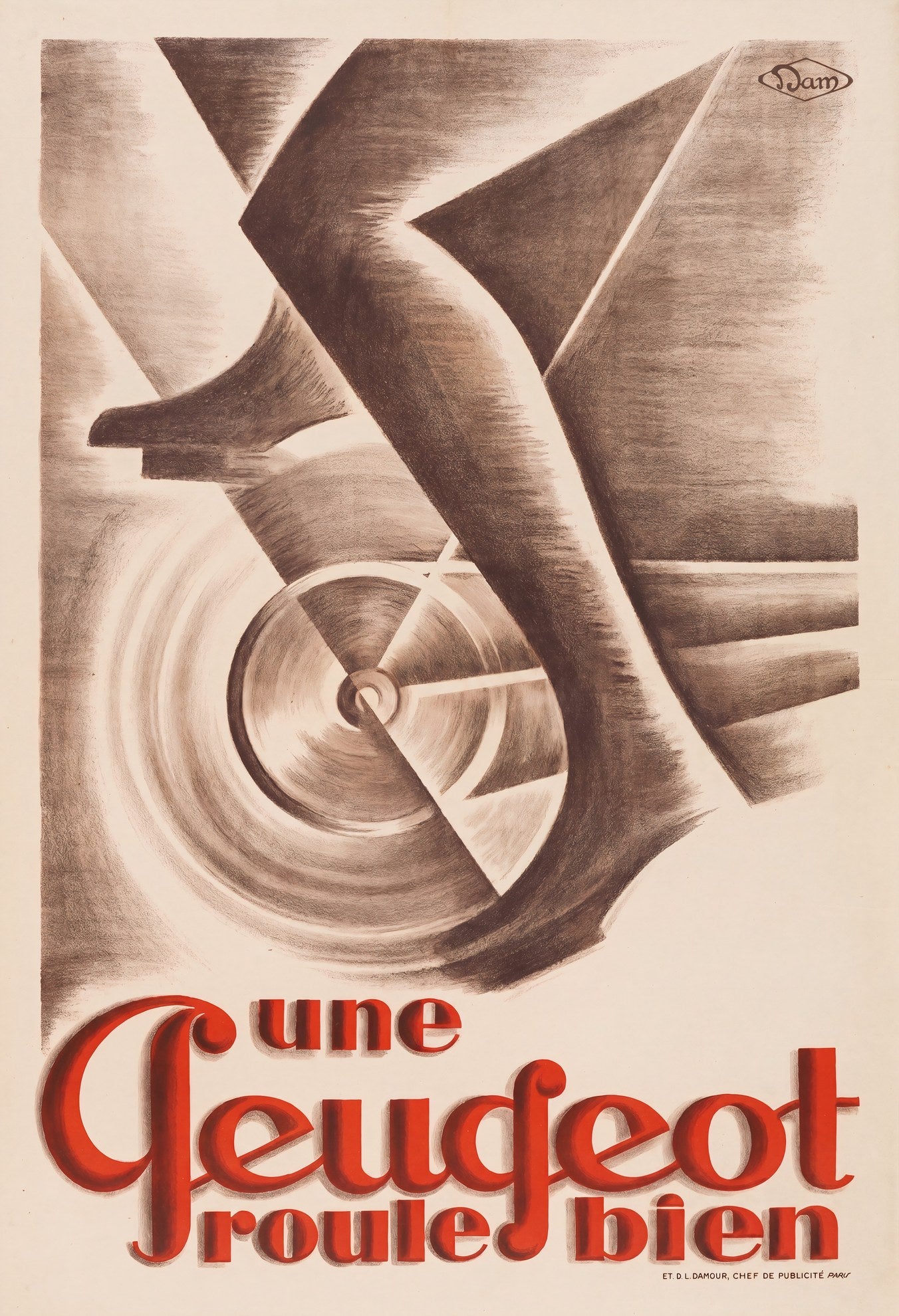 1928 Peugeot cycles advertising poster showing spinning bicycle wheel close-up, sepia lithography, red bold lettering, DAM studio Paris | The Vintage Poster Archives