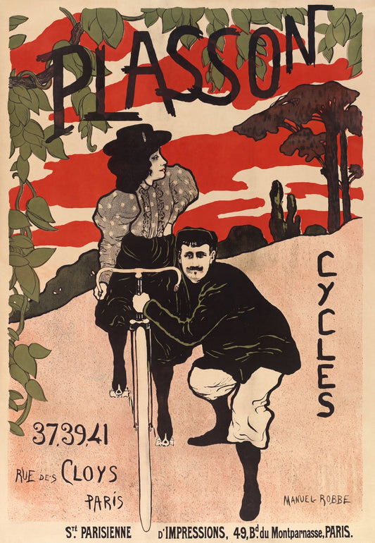 1897 French Art Nouveau cycling poster, Plasson Cycles by Manuel Robbe, woman on bicycle, man steadying forks, crimson sunset sky | The Vintage Poster Archives
