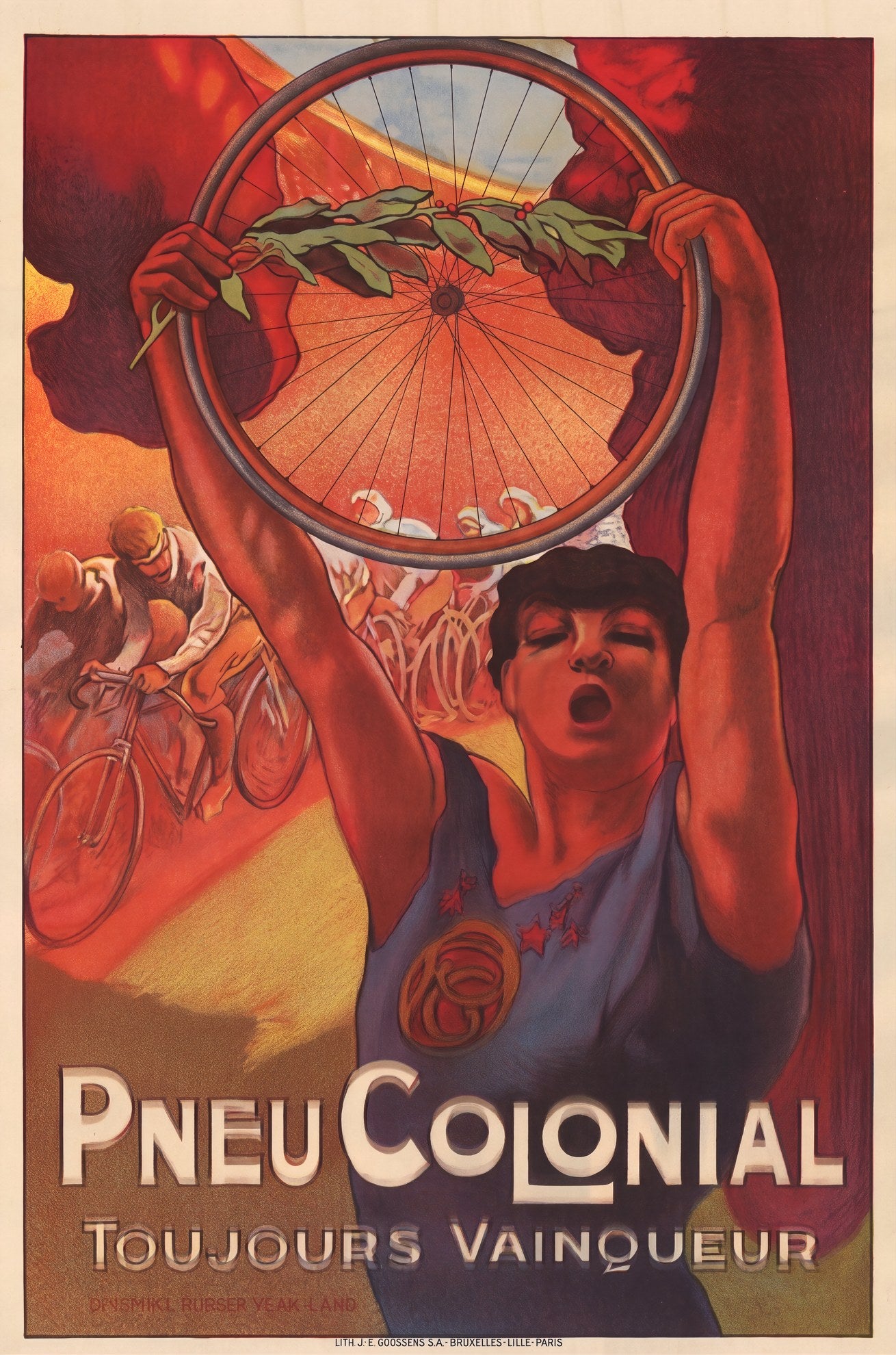 1910s Belgian cycling poster: athlete raises bicycle wheel with laurel, racing cyclists behind, red and amber ground | The Vintage Poster Archives