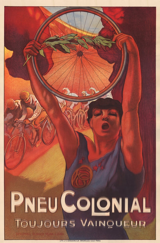 1910s Belgian cycling poster: athlete raises bicycle wheel with laurel, racing cyclists behind, red and amber ground | The Vintage Poster Archives