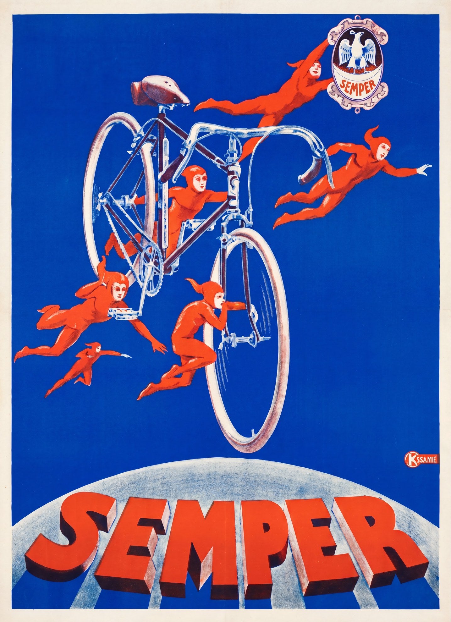 1920s Semper bicycle poster, six red-suited acrobatic figures surrounding a silver bicycle against cobalt blue, Kssamie | The Vintage Poster Archives