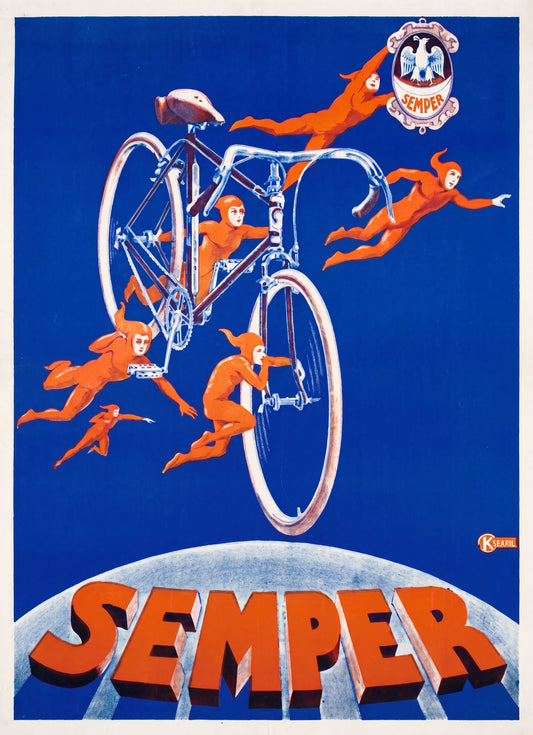1920s Semper bicycle tyres poster, orange acrobats flying around silver bicycle, cobalt blue ground | The Vintage Poster Archives