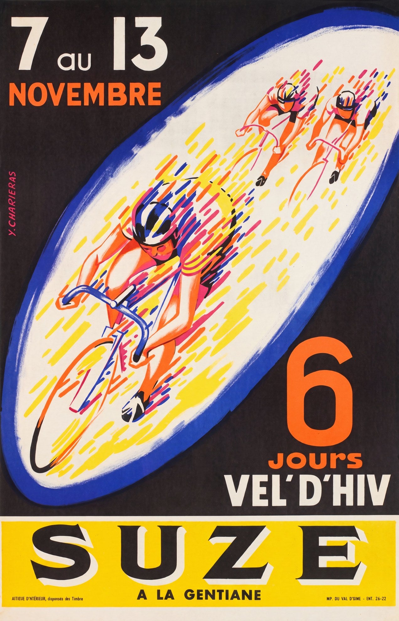 1957 French cycling poster: three track racers sprint inside a blue-rimmed oval, yellow speed lines, Suze sponsor strip | The Vintage Poster Archives