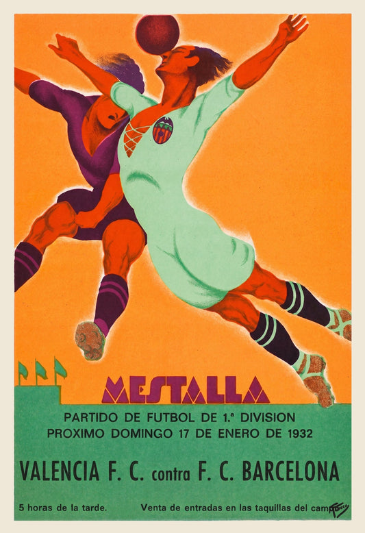 1932 Spanish football sport poster for the Valencia FC vs Barcelona match at Mestalla stadium