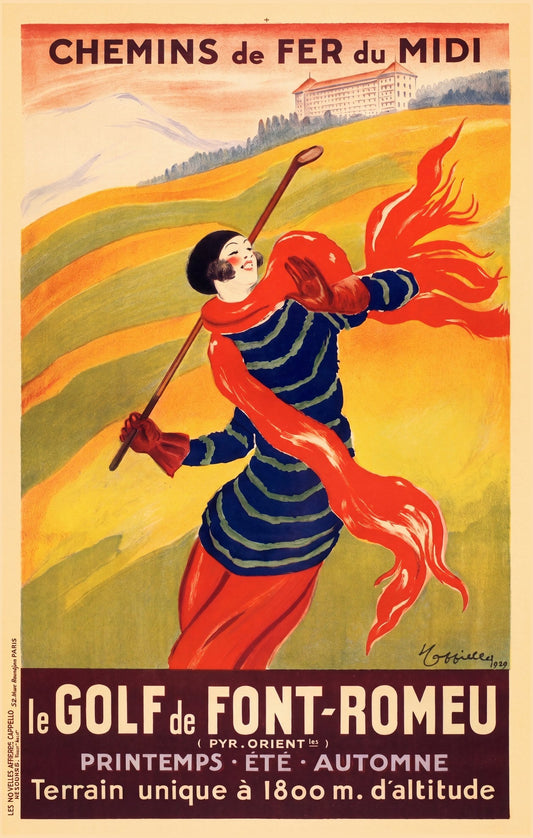 1929 Chemins de Fer du Midi railway poster showing golfer in red scarf at Font-Romeu, Leonetto Cappiello
