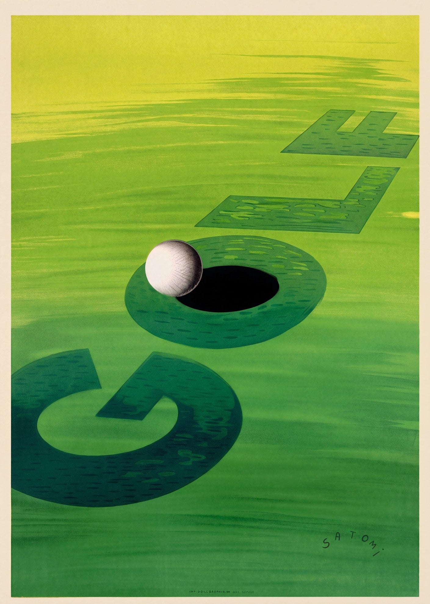 1960 golf sport poster, word GOLF as shadow on green, white ball over hole, Munetsugu Satomi | The Vintage Poster Archives