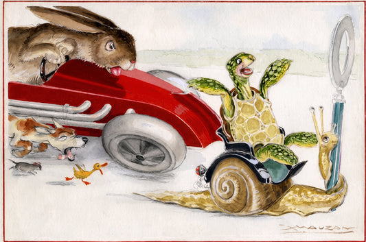 1920s Mauzan illustration: hare in red racing car overtaking tortoise on a snail, humorous Aesop fable motor racing | The Vintage Poster Archives