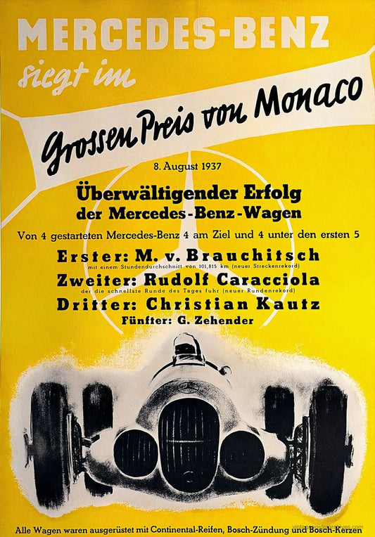 1937 Mercedes-Benz motor racing poster celebrating the team's victory at the Monaco Grand Prix