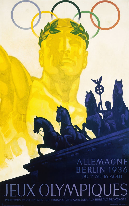 1936 Berlin Olympics poster showing golden athlete with laurel wreath above Quadriga silhouette, five Olympic rings, Franz Würbel | The Vintage Poster Archives