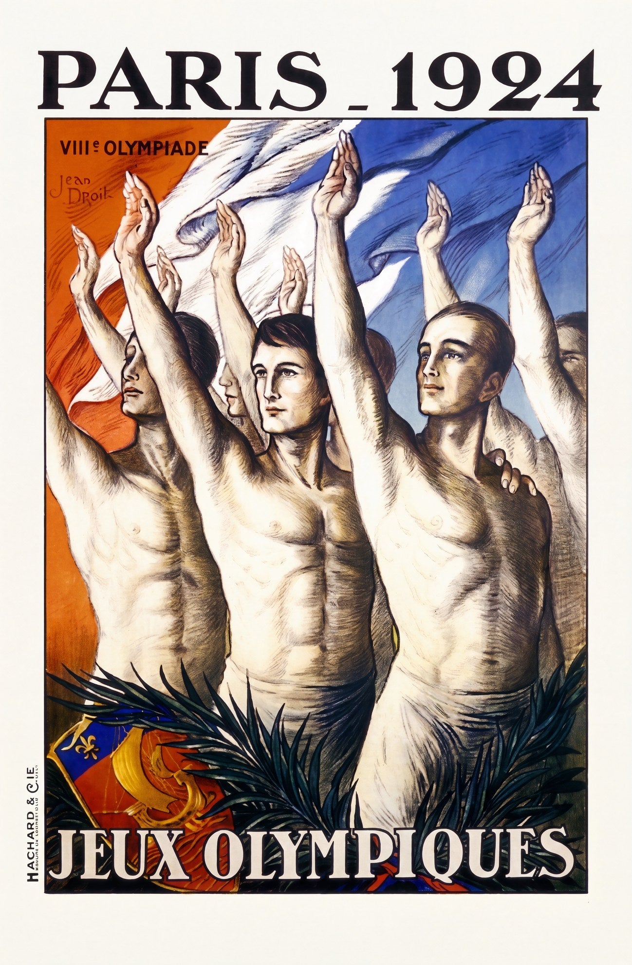 1924 Paris Olympics poster, five athletes Olympic salute, French tricolour, Jean Droit | The Vintage Poster Archives
