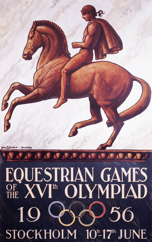 1956 Stockholm Olympics poster showing classical horse and rider in terracotta, John Sjösvärd | The Vintage Poster Archives