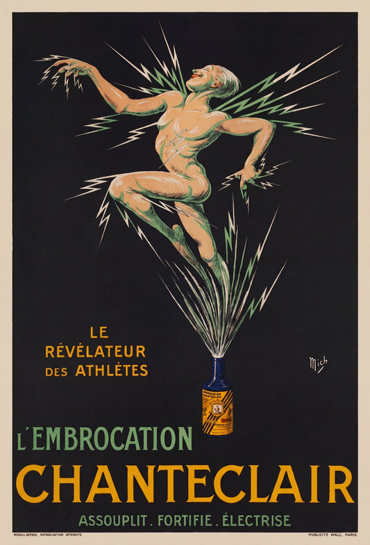 1910 French advertising poster: nude male athlete erupts from Chanteclair bottle amid lightning bolts, black ground, Mich | The Vintage Poster Archives