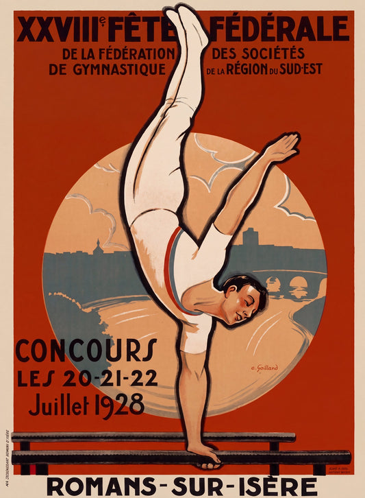 1928 French Art Deco gymnastics poster showing male gymnast on parallel bars, vermilion red ground, André Galland | The Vintage Poster Archives