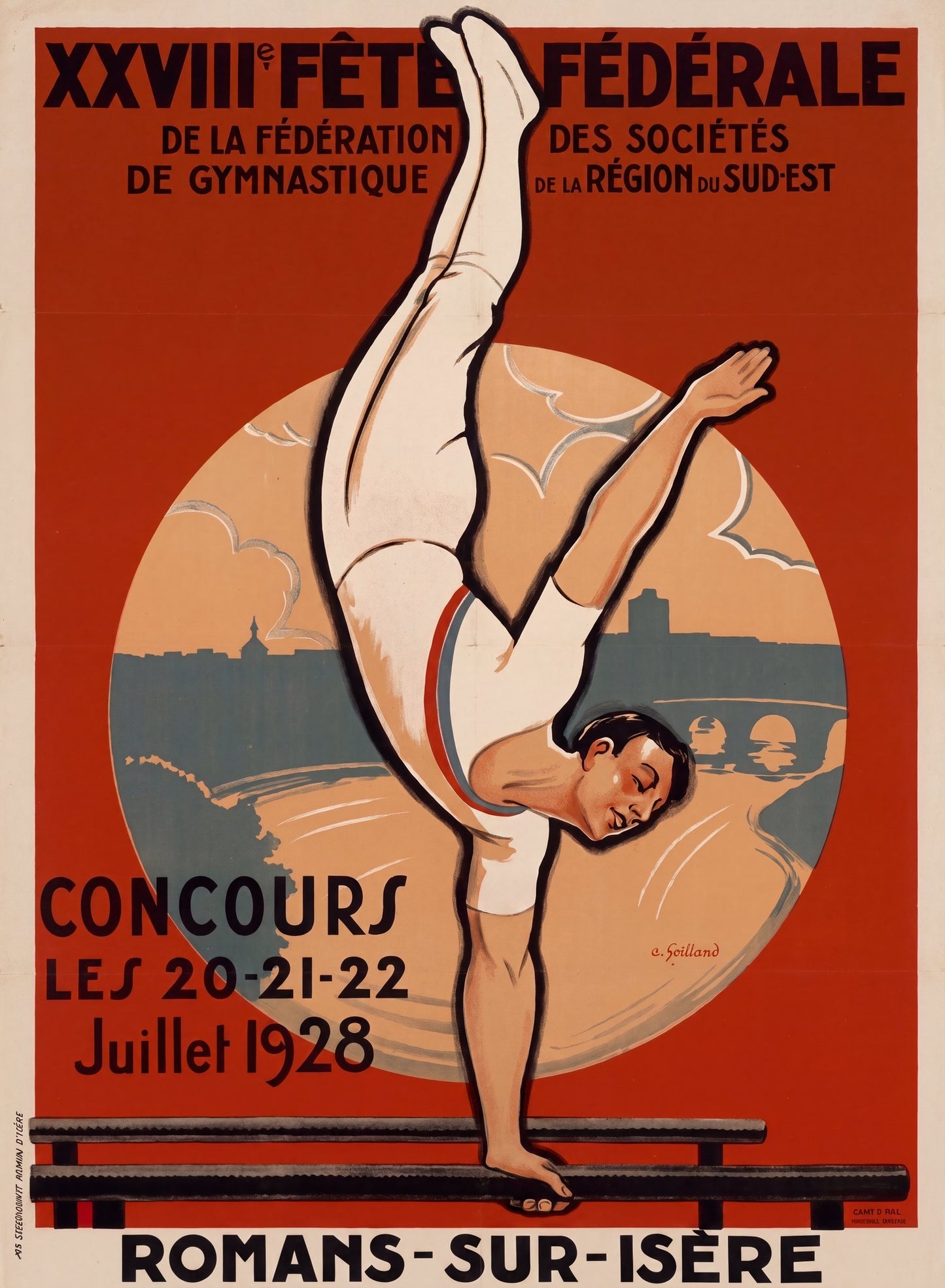 1928 French gymnastics poster showing male gymnast in one-arm handstand on parallel bars, cadmium red ground, C. Soilland | The Vintage Poster Archives