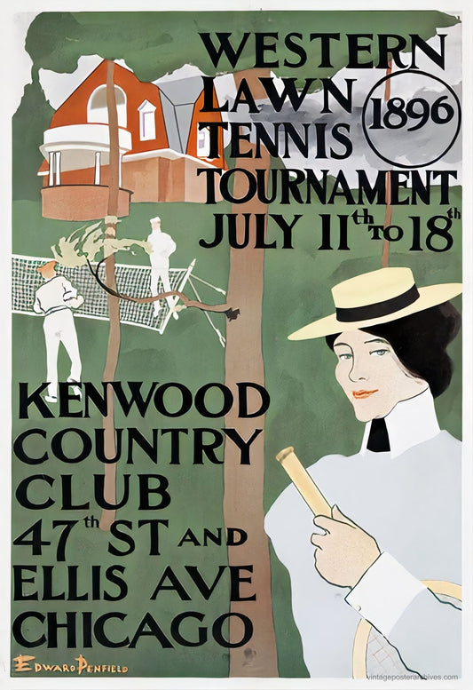 1896 Western Lawn Tennis tournament poster, vintage American sport design by Edward Penfield