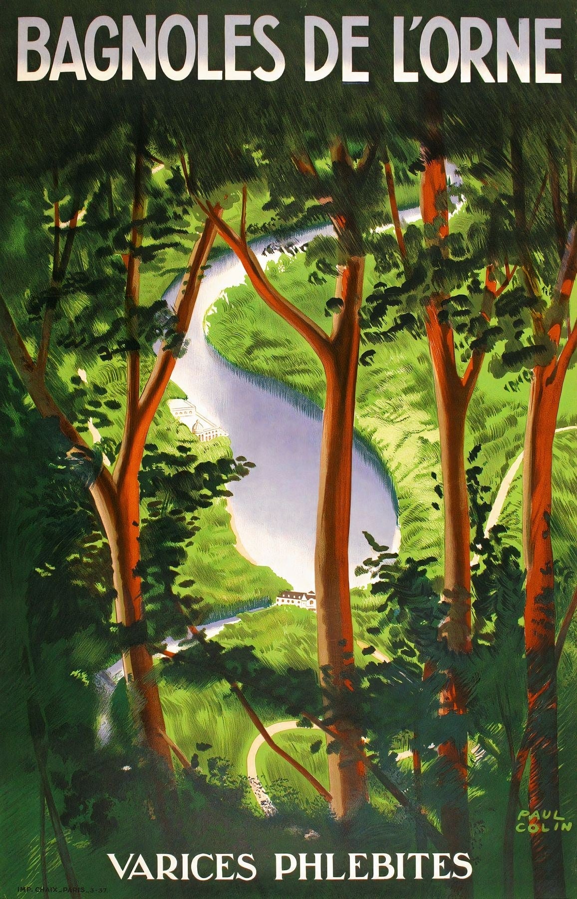 1937 Bagnoles de l'Orne French travel poster showing scenic forest and river view, Paul Colin