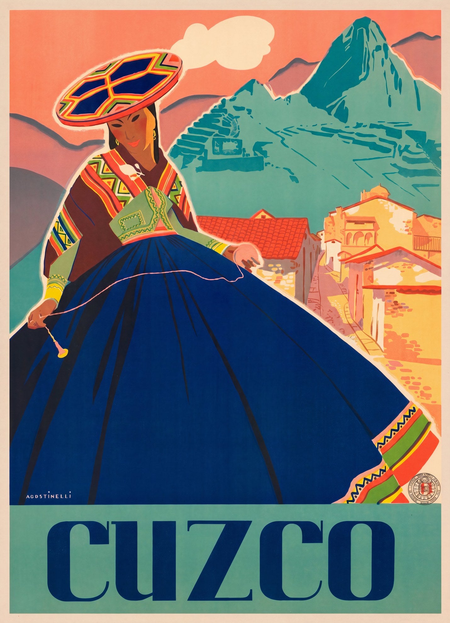 1940s Peru travel poster showing Quechua woman in cobalt dress with drop spindle, Machu Picchu beyond, Agostinelli | The Vintage Poster Archives