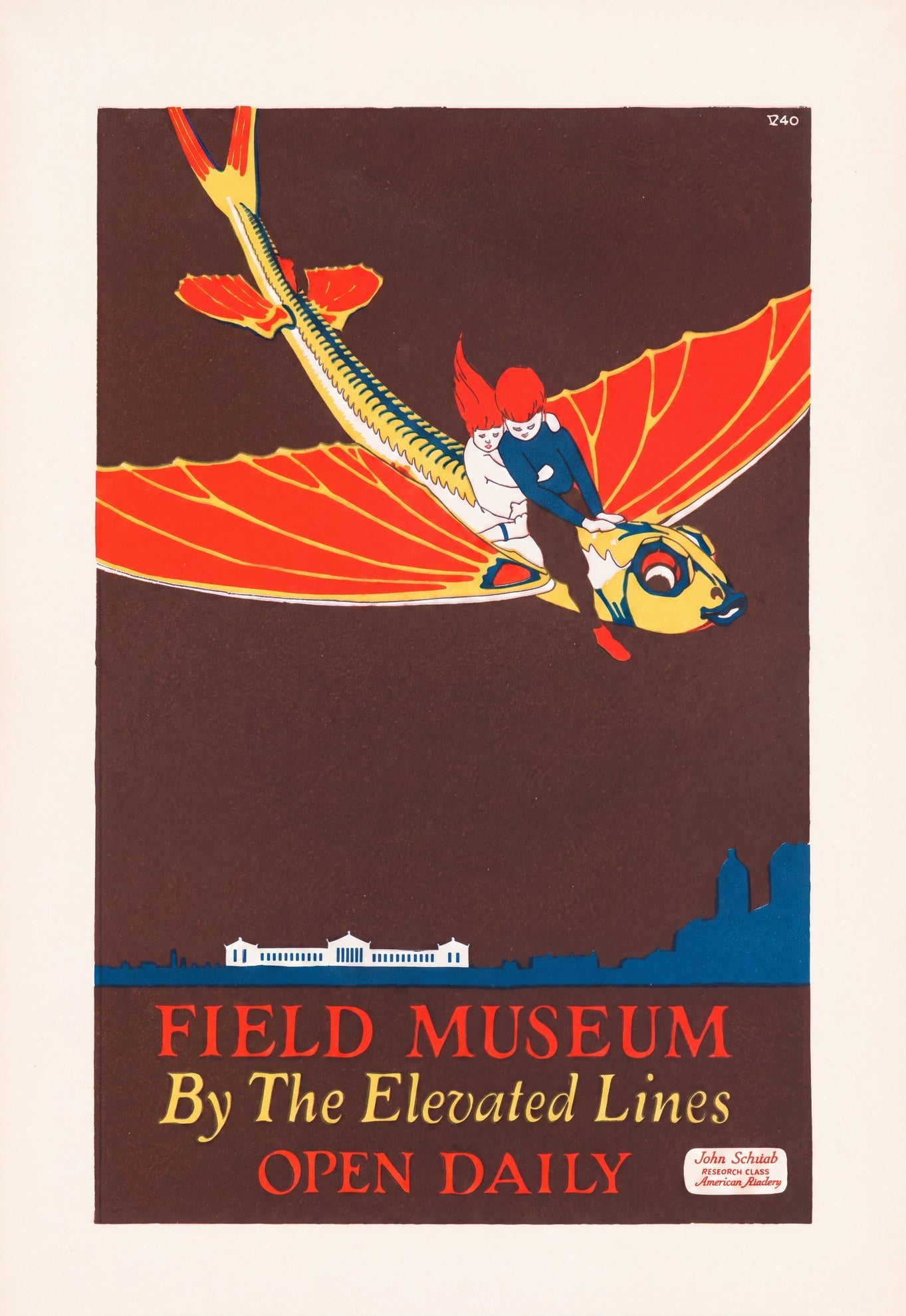 1920s Chicago Field Museum poster, red-haired child riding winged flying fish over city skyline, maroon ground, John Schutab | The Vintage Poster Archives