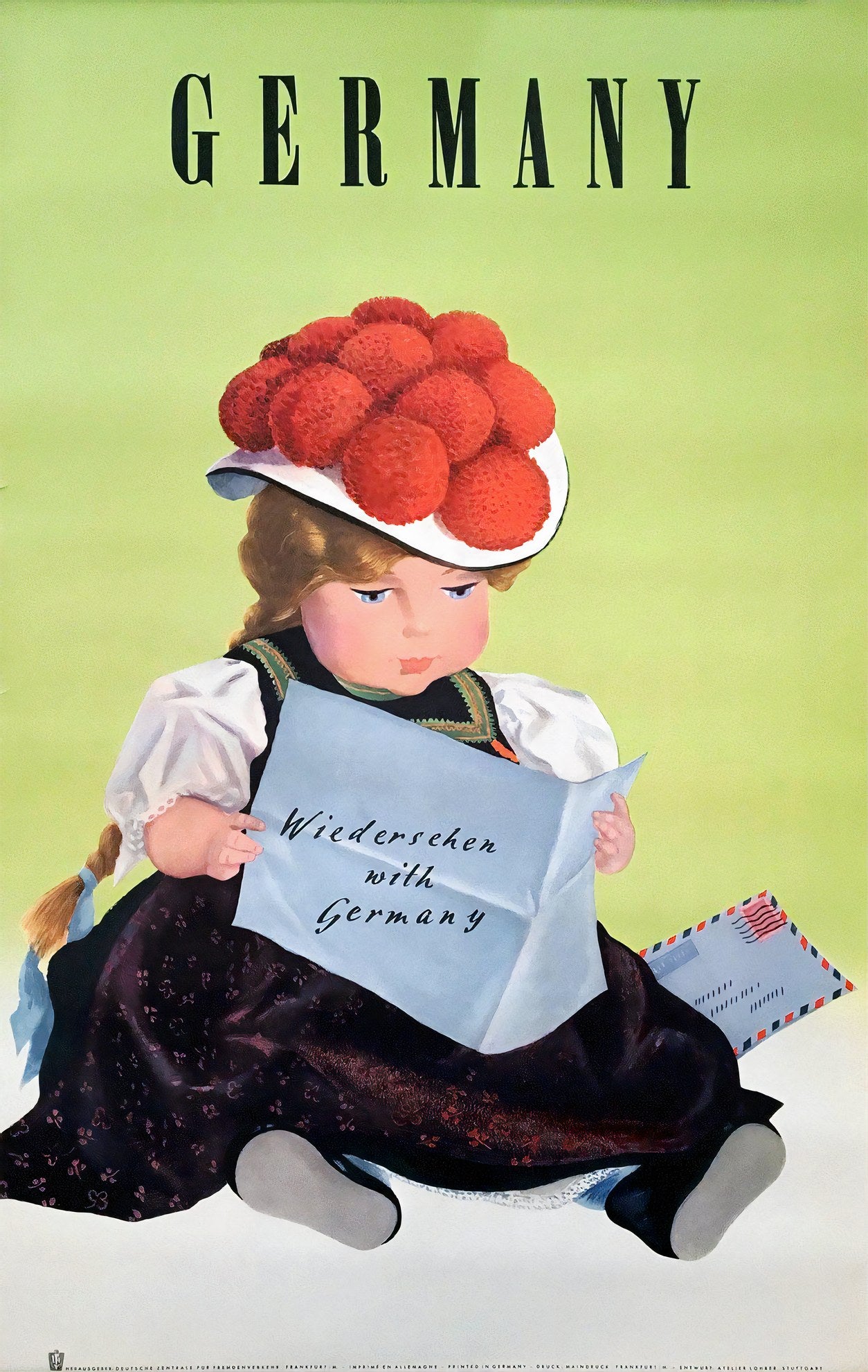 1950s Germany travel poster showing girl in Black Forest Bollenhut Tracht reading a letter, yellow-green ground, Hanns Lohrer | The Vintage Poster Archives