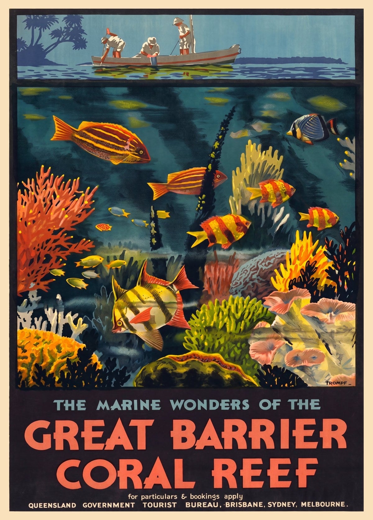 1933 Queensland travel poster showing marine wonders of the Great Barrier Reef, Percy Trompf