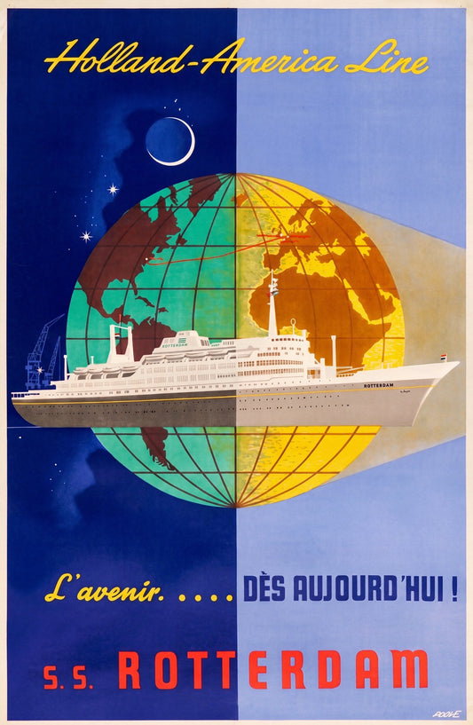 1959 Holland America Line travel poster showing SS Rotterdam with globe day and night design, Eppo Doeve