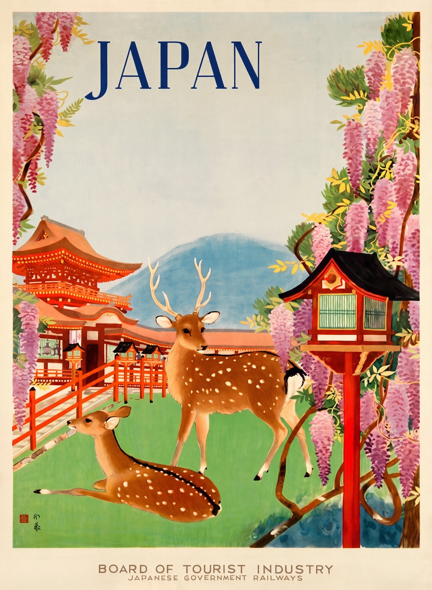 Japan Nara 1930s | Deer Temple Wisteria | Travel Poster