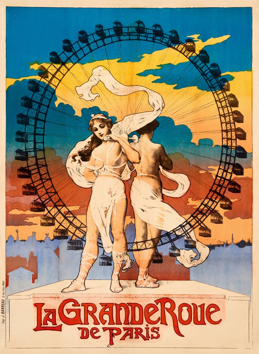 1899 French Belle Epoque lithograph of two allegorical dancers before a Ferris wheel, red lettering, blue and orange sky | The Vintage Poster Archives