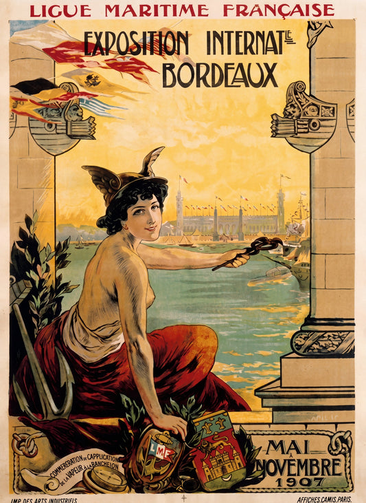 1907 French exposition poster showing allegorical winged-helmet figure before Bordeaux harbour, ochre and crimson palette | The Vintage Poster Archives