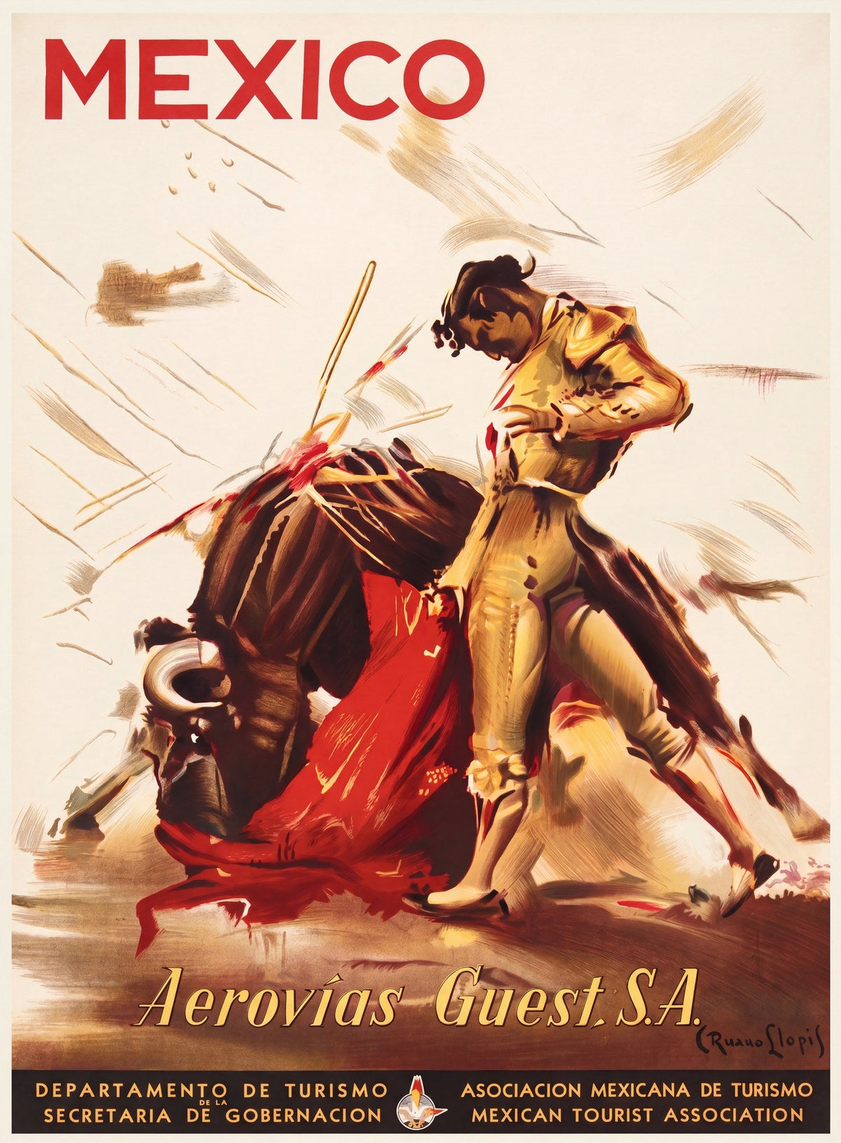 1950 Aerovías Guest airline travel poster promoting Mexico with dramatic bullfighting scene