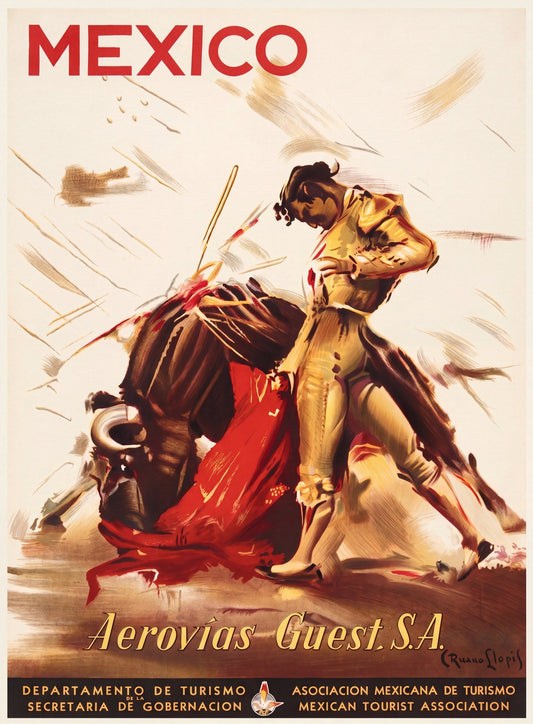1950 Aerovías Guest airline travel poster promoting Mexico with dramatic bullfighting scene