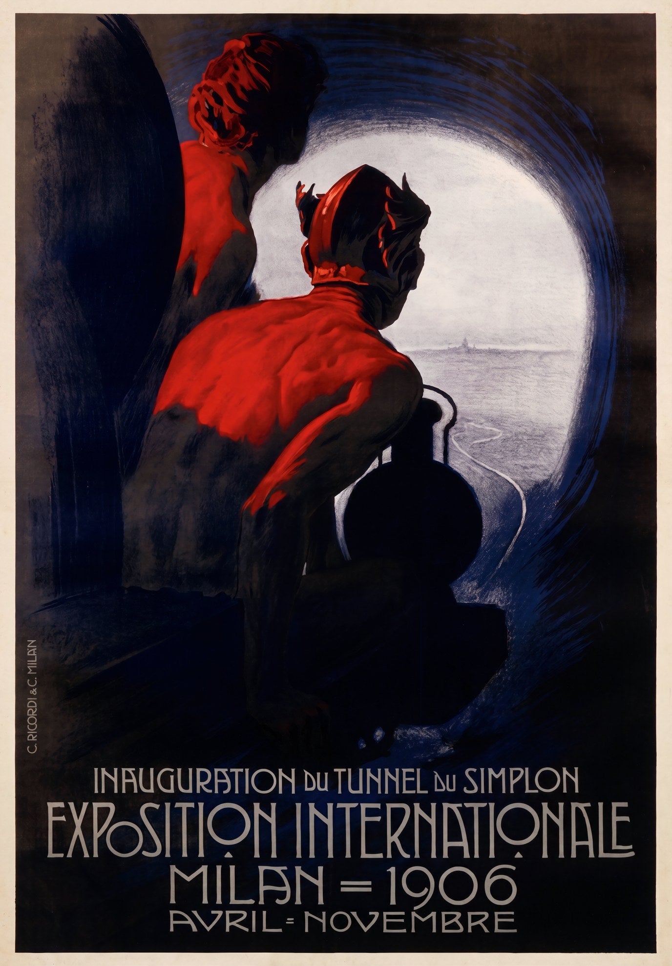 1906 Milan Exposition Internationale poster by Metlicovitz: Mercury in red cape rides steam train from Simplon Tunnel | The Vintage Poster Archives