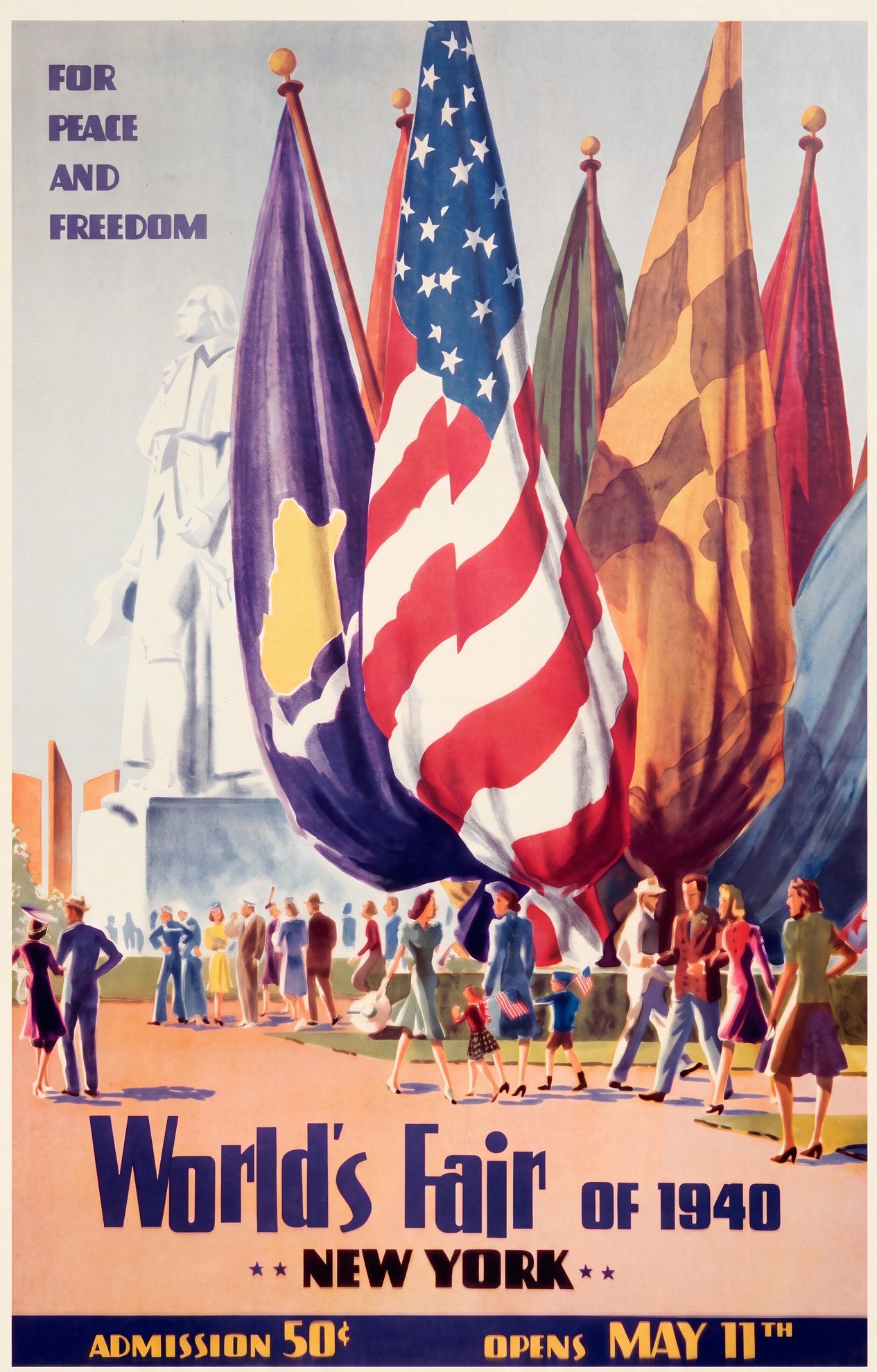 1940 New York World's Fair poster, crowd beneath billowing flags and George Washington statue, cobalt and red | The Vintage Poster Archives