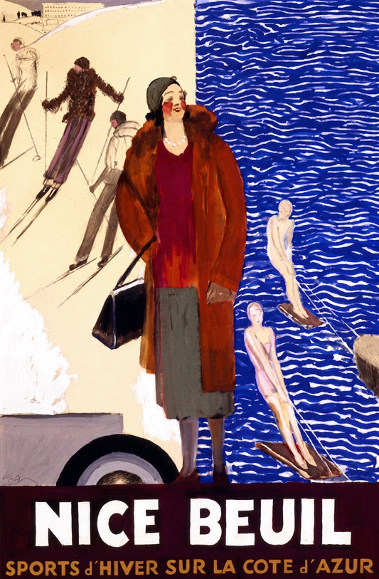 1920s French Riviera travel poster: woman in fur coat between ski slope and Mediterranean sea, Nice Beuil, Domergue | The Vintage Poster Archives