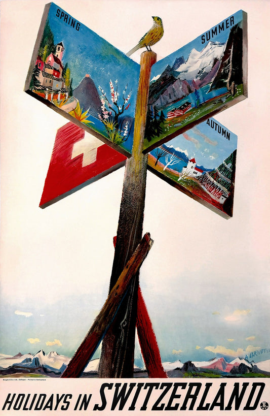 1938 Switzerland travel poster: four-seasons signpost with Spring, Summer, Autumn Alpine scenes and Swiss flag, bird perched on top, Alois Carigiet | The Vintage Poster Archives
