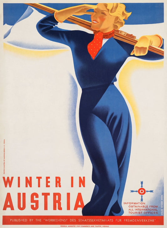 1935 Winter in Austria ski travel poster showing blonde skier in blue suit, Atelier Binder